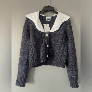 Coastal Chic GANNI Cable Knit Cardigan White Collar Navy Sz Small Preppy Chic